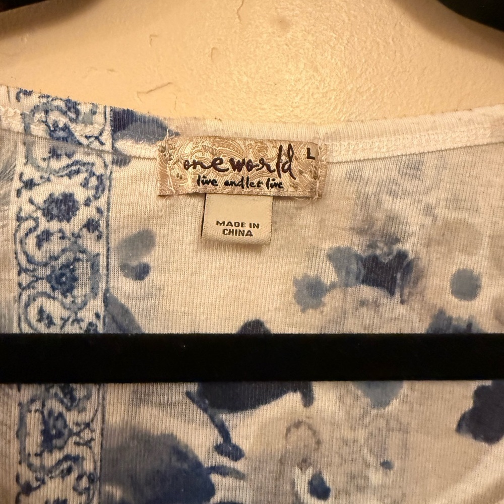 ONE WORLD Blue and White Patterned Shirt SzL - Picture 3 of 5